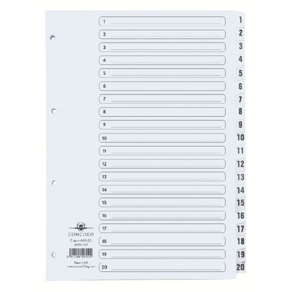 Concord A4 Index 1-20 Board Clear Tabs